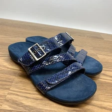 VIONIC Skylar 8 Navy Snake Leather Slide Orthaheel Strappy Flip Flop Sandals