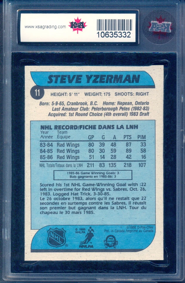 1986-87 OPC O PEE CHEE #11 Steve Yzerman HOF KSA 9.5 NGM Detroit Red wings - Image 2 of 2