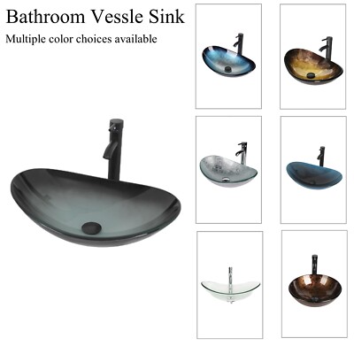 Bathroom Vessel Sink Faucet Combo Vanity Countertop Basin Bowl Tempered Glass