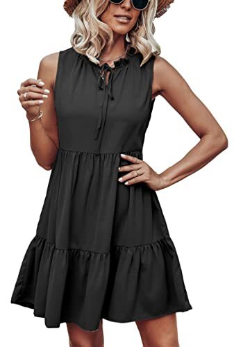 KIRUNDO Women’s Summer Sleeveless Mini Dress Solid Crew Neck Tie Neck High Wa...