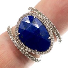 Fabulous Faceted Lapis Lazuli and White Sapphire Sterling Silver Ring Size 7