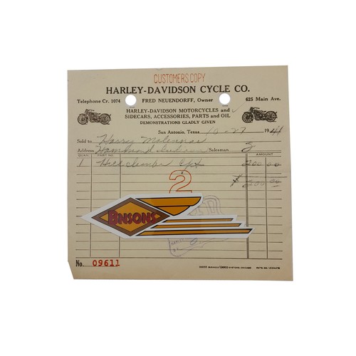 ORIGINAL HARLEY 1944 HILLCLIMBER RECEIPT (NEUENDORFF H-D) TEXAS - KNUCKLEHEAD