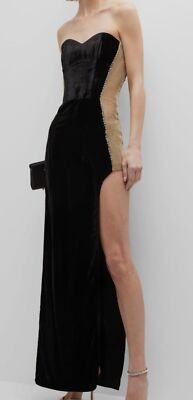 Santa Brands Women's Black Crystal Velvet Strapless Thigh Slit Gown Dress Size L