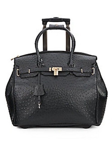 KC Jagger Black Leather Ostrich Print Wheeled Rolling Bag Travel Luggage