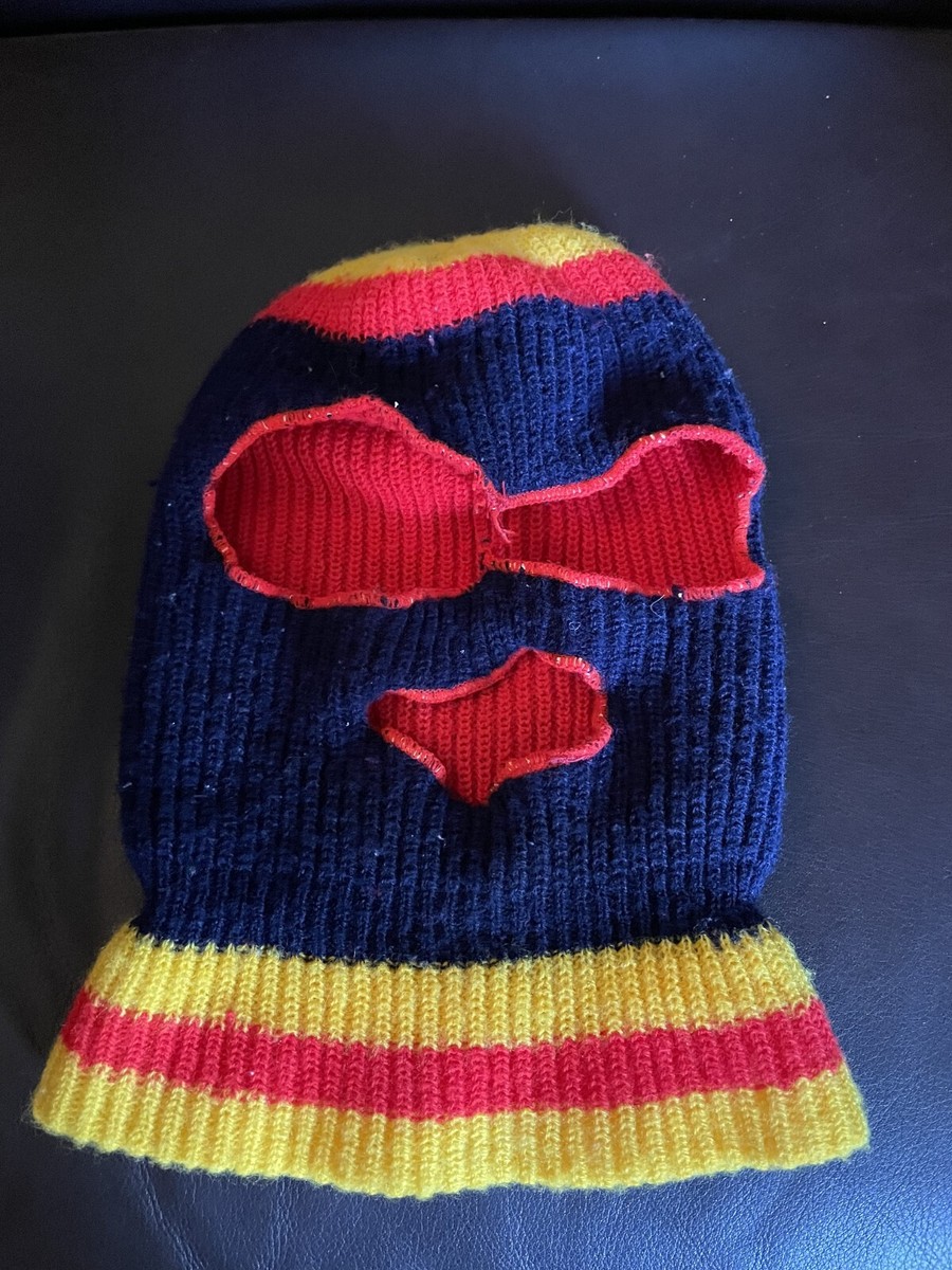 Vintage Ski Mask Beanie Blue Red Winter Hat Skiing Knit Acrylic