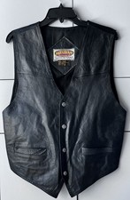 Paragraff Men's Medium Black Leather Vest Rayon Back Biker Formal Waistcoat Snap