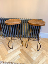 Pair Nkuku Leather Bar Stools – Tan Leather – 30” / 76cm – Metal Frames