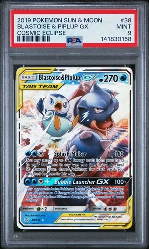 2019 Pokemon Sun & Moon Blastoise & Piplup GX Cosmic Eclipse #38 PSA 9 Mint