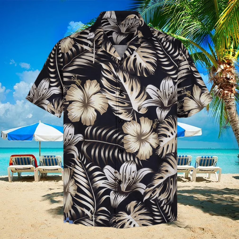 Black Floral Hibiscus Hawaiian Shirt Summer Beach Tropical Aloha Short Sleeve