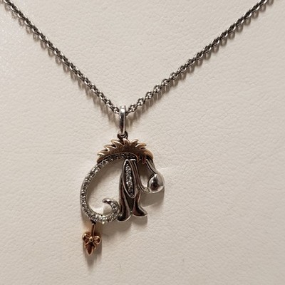 DISNEY Sterling Silver 10k Gold EEYORE Diamond Pendant Necklace Adj - .14