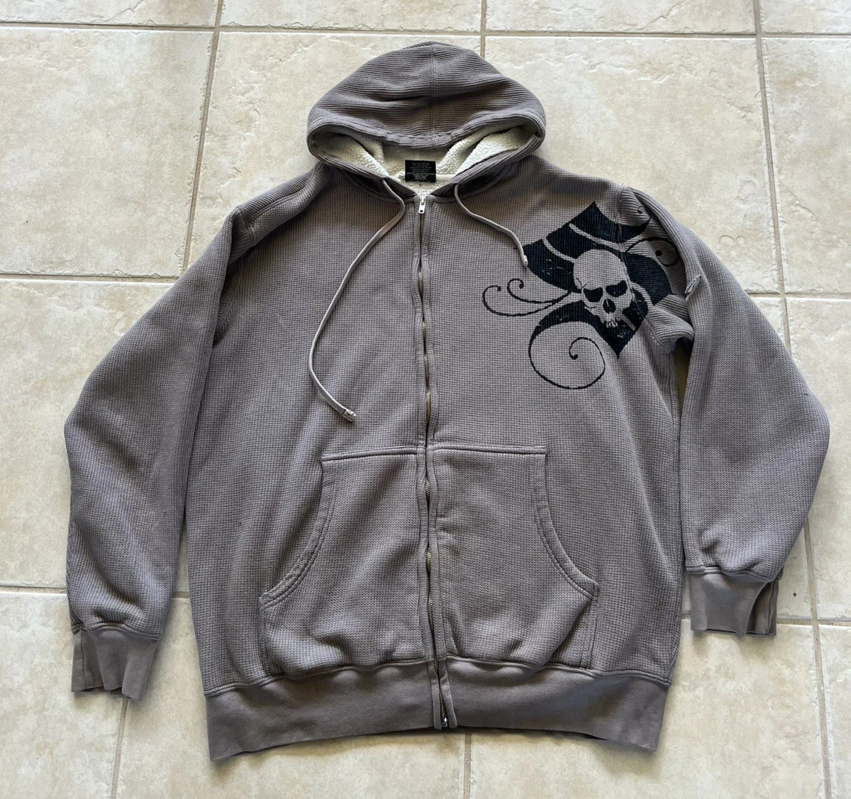 Vintage Y2K Shady Ltd Sherpa Lined Thermal Zip Up Hoodie Gray Skull Size XL