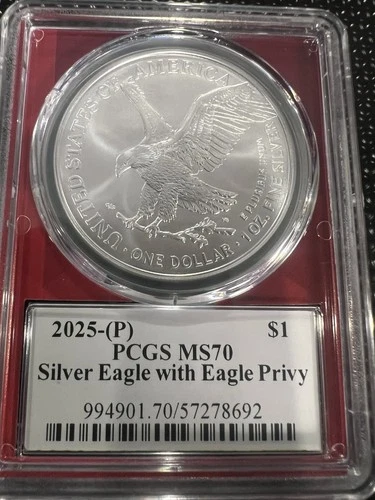 2025-(P) Silver Eagle PCGS MS70 Eagle Privy – Red EDC Plug Label – Perfect