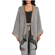 Soft Surroundings Size S/M Poncho Ruana Black Wrap Faux Leather Trim Open Knit