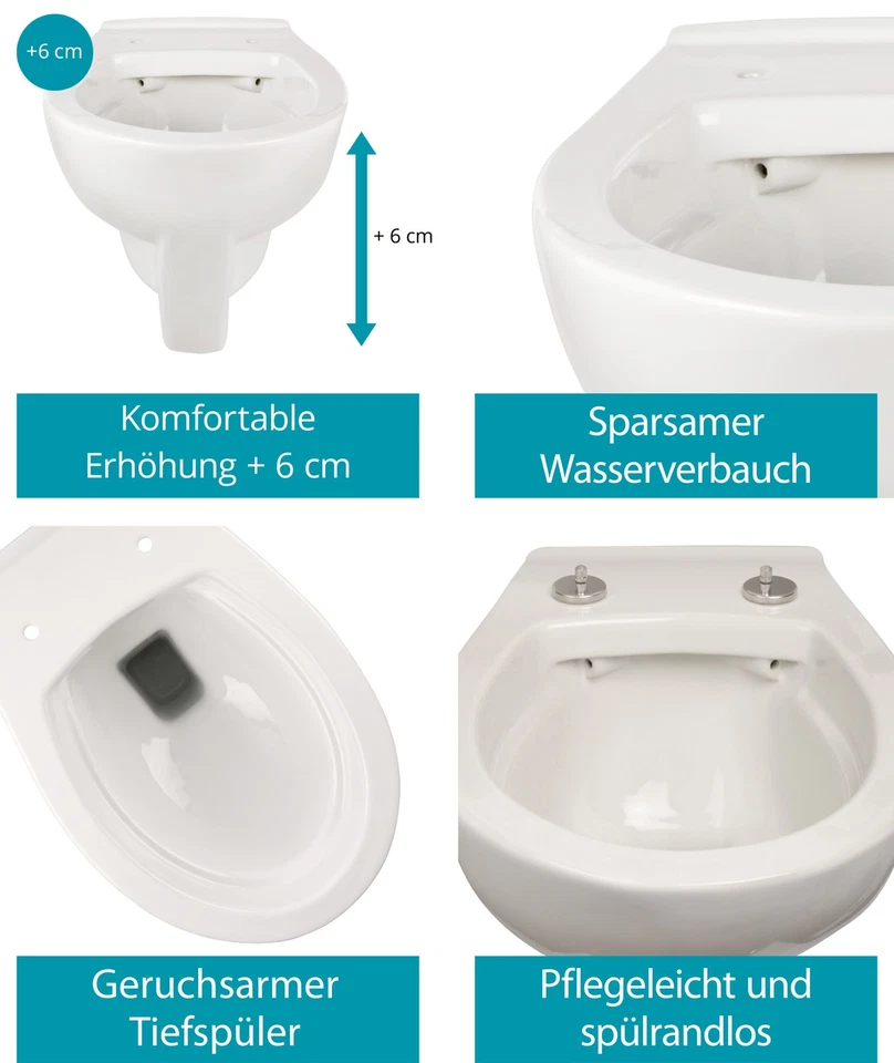 Wand-WC erhöht +6 cm spülrandlos Hänge-WC Set WC-Sitz Absenkautomatik Weiß - Bild 3 von 4