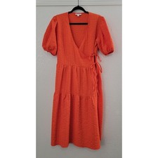 Topshop Orange Textured Wrap Midi Dress Puff Sleeve Tiered US 6