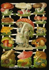 German Embossed Vintage Style Scrap Die Cut - Colorful Mushroom Children  EF7355