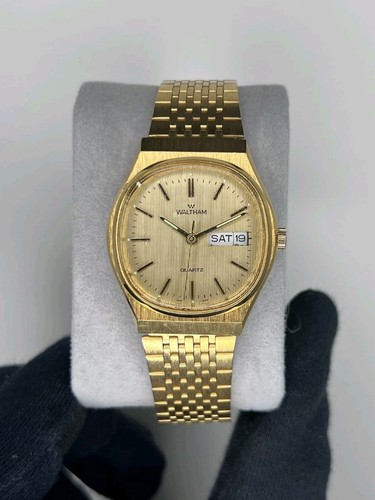 Vintage Style Waltham Quartz Gold-Tone Watch – Day Date, With Mesh Strap