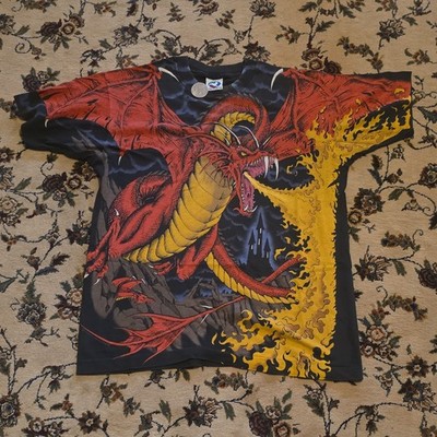 Vintage 1993 Liquid Blue Dragon All Over Print T-Shirt Large Grail. 