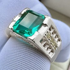 Green Emerald Gemstone Ring For Men's With 925 Sterling Silver Emerald Cut Ring