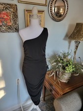 Lulus Black One Shoulder Ruched Stretch Bodycon Solid Midi Dress Womens L