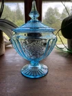 Anchor Hocking Depression Glass Ice Blue Mayfair Open Rose Footed Candy Dish Lid