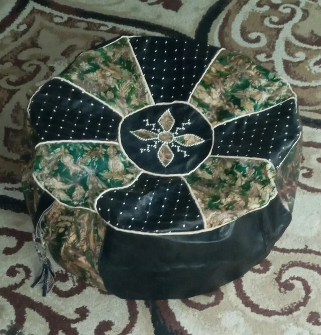 New Handmade POUF Genuine Leather Pouffe Ottoman Footstool round floor pillow  - Image 2 of 4
