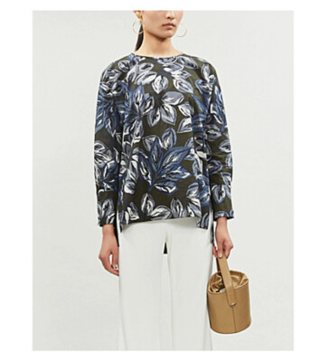 'S Max Mara 'Ginger Floral-Print Cotton Shirt in Foglie Khaki sz 10 NWT