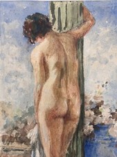 Schönes Gemälde Antik Porträt Junges Nackte Frau Säule Tempel Griechisch Garten