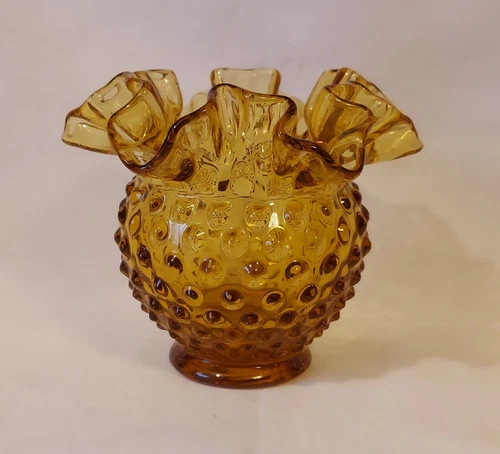 Vintage Fenton Amber Hobnail Ruffled Edge Vase Glass Bowl