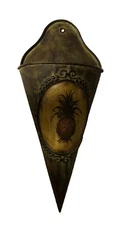 Rustic Embossed Metal Tole Cone-Shaped Wall Pocket Planter Vase Pineapple 19.5"