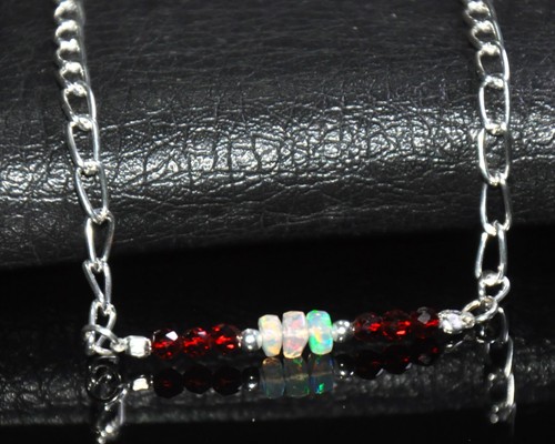 Ethiopian Opal and Crystal Beaded Necklace, Fire opal Pendant, Sterling Silver - Picture 2 of 3