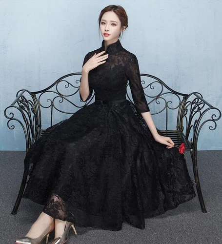 Chinesischer Stil Spitze Blumen Langarm schwarz Kleider Damen formell Cocktailkleid - Bild 4 von 17