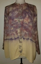 Citron Santa Monica Mandarin Collar Beaded Silk Tie Dye Blouse, Top, 0X