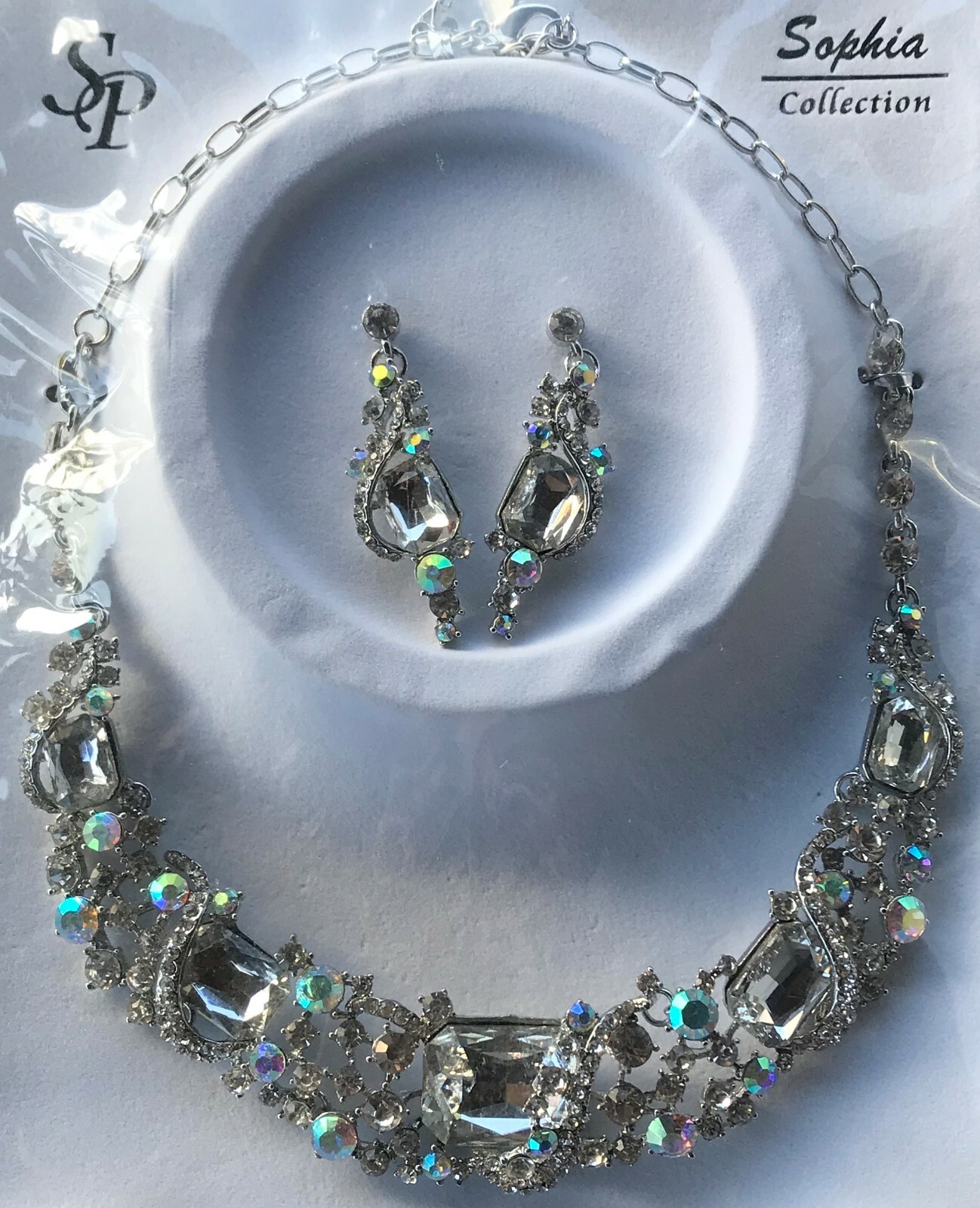 Beautiful Elegant Costume Jewelry SILVER/AB Necklace and Earrings Set eBay