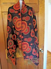 $60 Elaine Scarf Wrap Shaw Fringe Rayon Black Orange Gold  88" L  X  28" Wide