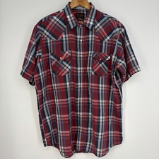 Plains Western Wear Pearl Snap Mens XLT Tall Red Blue Plaid Cowboy Short Sleeve