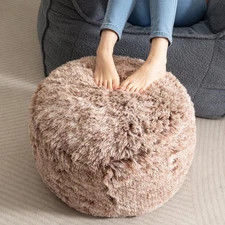 Round Stuffed Pouf Ottoman, Long Faux Fur Poufs with Foam Chunk Filling, Fluf...