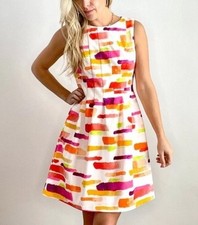 Vince Camuto Sz 12 Multicolor Pleated Sleeveless Dress Scuba Fit & Flare EUC
