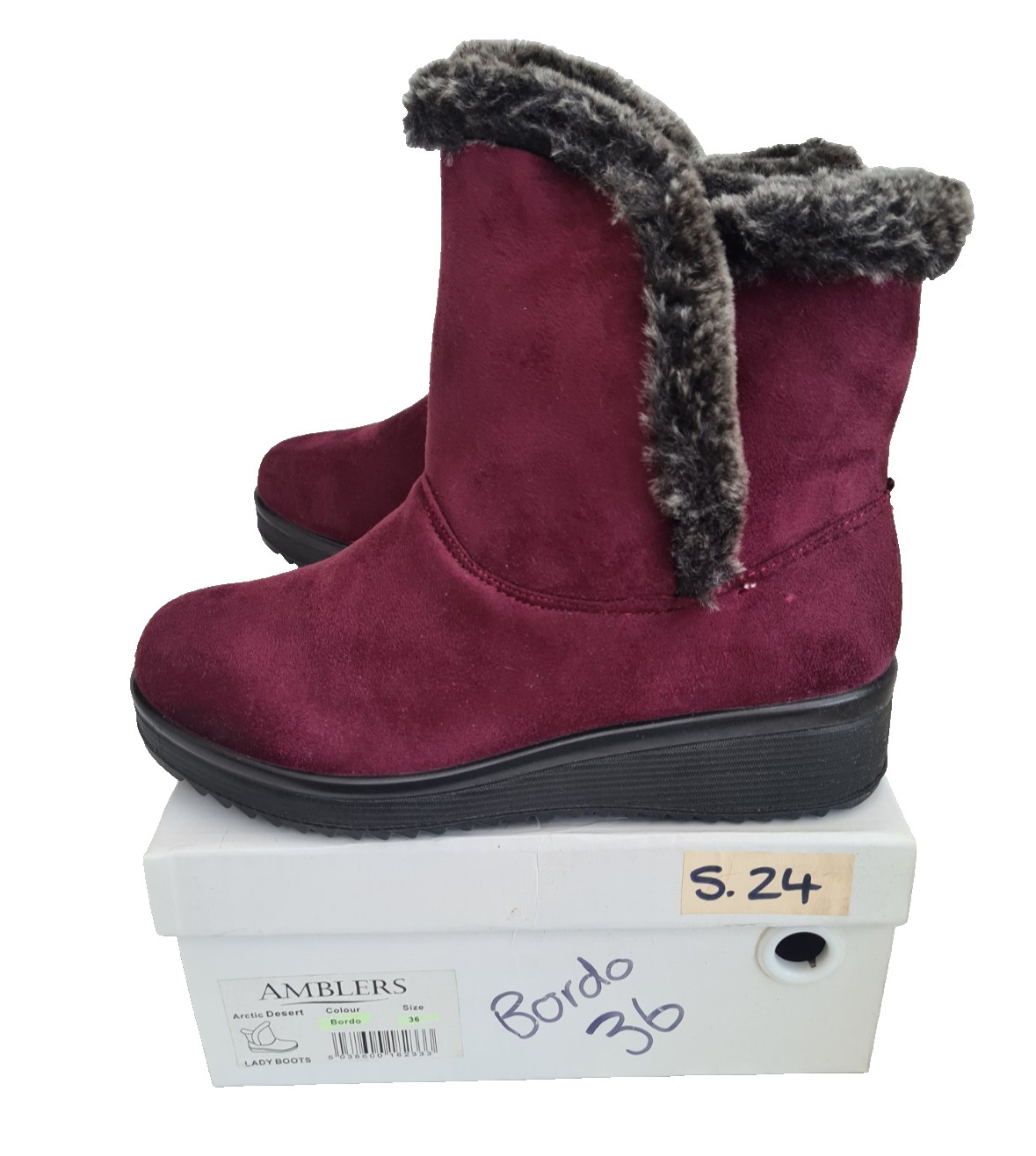 Woman's Ankle Boots UK 3 EU 36 Faux Fur Lined Amblers Snug fit Pull On with Box