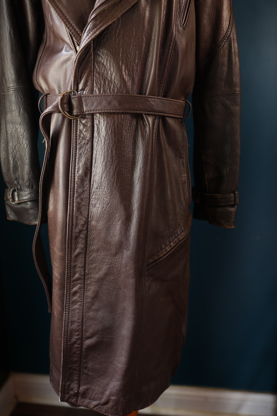 Vintage 70s Bermans Brown Trench Coat Men 40 Zip Button Belt Western Steampunk