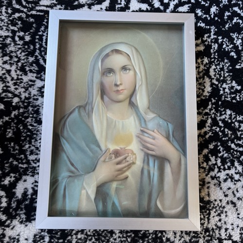 Heart of Mary Embossed Print with 9 1/4" x 13 1/4" Silver Shadow Box Frame Italy - Picture 1 of 16