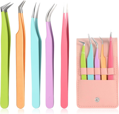 5Pcs Eyelash Extension Tweezers High Precision，Straight and Curved Volume Lash T