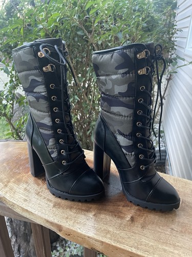 Women’s Stylish Lace Up Combat Camo boots 3” Heel Mid Calf Sexy Winter NWOT - Picture 2 of 15
