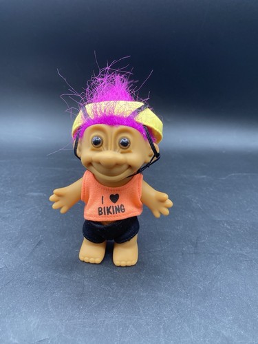 Vintage Russ TROLL 5" Doll With Purple  Hair / Brown Eyes  I Love Biking