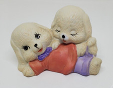 Vintage Ceramic Puppy Figurine Dog Playing Orange Purple Bow Tie 2"