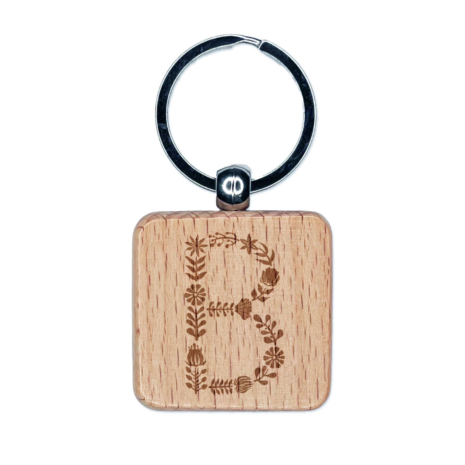 Elegant Botanical Floral Letter B Engraved Wood Square Keychain Tag Charm