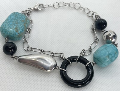Sterling Silber Türkis & Onyx Perlen Armband Birmingham Punzen Hersteller DK