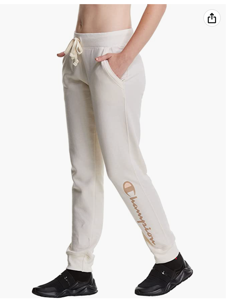 Champion Women's Powerblend Cream Joggers, Script Logo Metallic