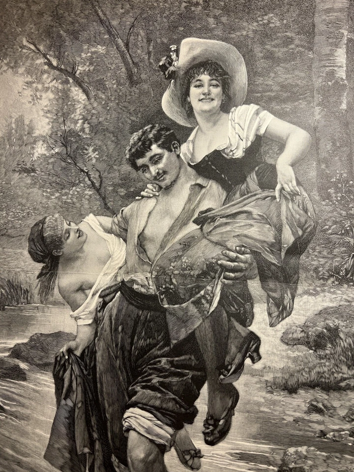 Antik Illustration 1893 FRAU FLIRTEN MANN GEMÄLDE KUNST Kunstdruck Holzschnitt - Bild 3 von 4