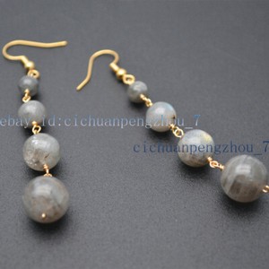 Authentic Fashion 6-12mm Gray Labradorite Round Gemstone Beaded Dangle Gold Plated Earring